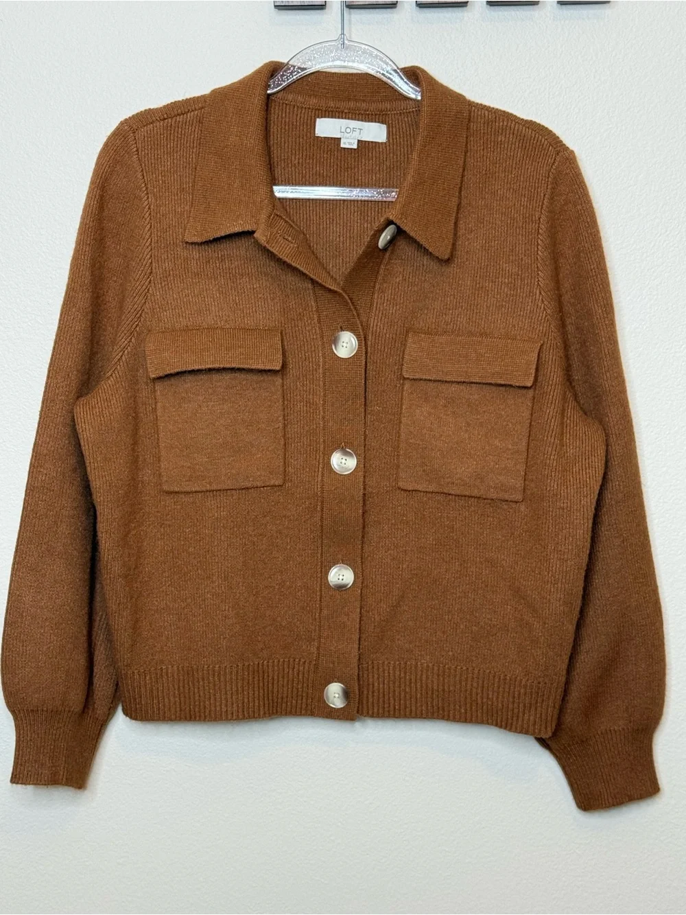 LOFT Chunky Ribbed Knit Collared Rust Button-Front Pocket Cardigan size XL